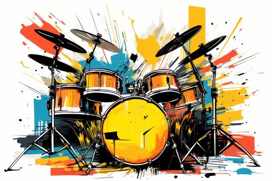  a drawing of a drum set with a clock on the side of the drum set and a splash of paint on the side of the drum set.