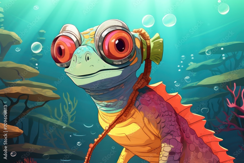 Poster a close up of a fish with goggles on it's head and some corals in the background.