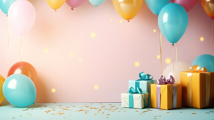 Holiday celebration background with balloons, golden sparkling confetti and ribbons