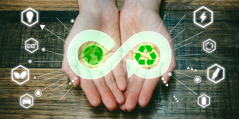Climate change concept, hand hold circular economy cycle. circular economy, sustainability, ecology...