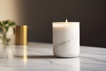 Burning scented candle in a ceramic jar on a marble-textured surface, Generative AI