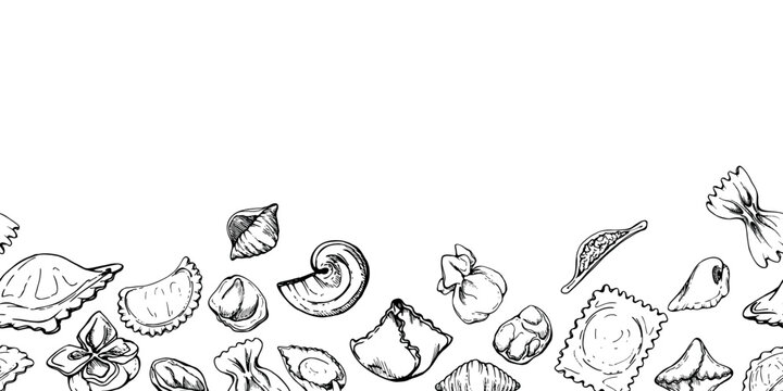 Hand drawn vector ink illustration. Ravioli pelmeni pierogi vareniki manti wonton conchiglie fagottini farfalle. Seamless banner isolated on white. Restaurant menu, food shop package, flyer, print.