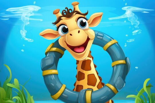  a cartoon giraffe holding a life preserver in the ocean with algaes on the bottom of it.