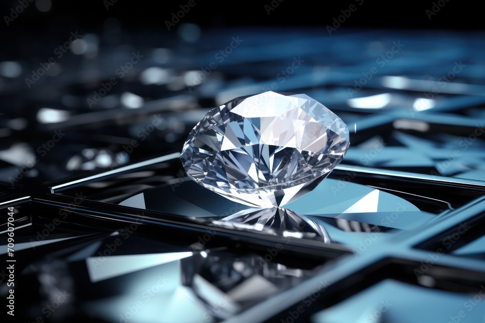 Poster a close up of a diamond on a black and blue surface with a reflection of the diamond in the middle o