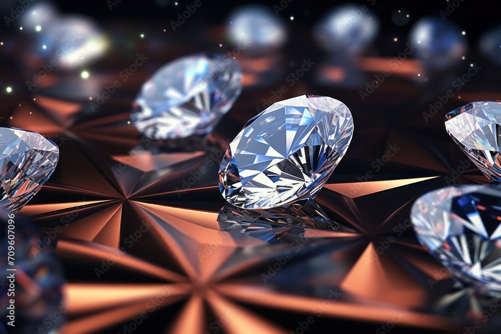 Poster a group of diamonds sitting next to each other on top of a shiny surface with a star pattern in the 