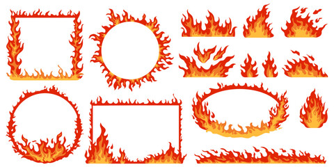 Flames frames. Different shapes of curved fires. Round, oval and square fiery borders. Hot red bonfires. Geometric burning forms. Flaming combustion. Inferno element. Recent vector set