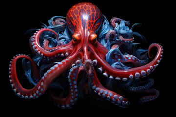  a close up of an octopus on a black background with a red and white octopus in the middle of it's tentacles.