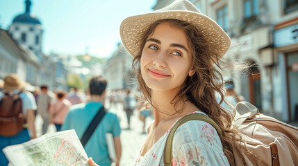 Fototapeta premium Portrait of young tourist woman in a sunny day. 