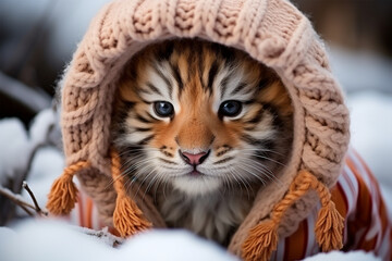 a tiger wearing thick clothes in the snow