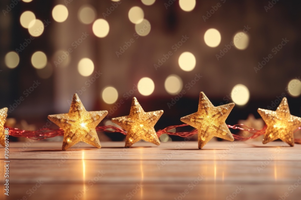 Poster a group of gold stars sitting on top of a wooden table next to a string of red and white lights.