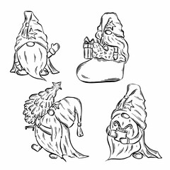 Set of hand drawn cute Christmas gnomes. Vector illustration in sketch style