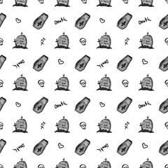 hand drawn pattern with coffins and graveyard on white background