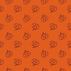 hand drawn sketch seamless pattern with halloween pumpkins on orange background
