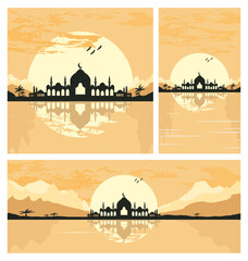 Collection of Mosque Silhouette with Mountains and Sunset in the Background
