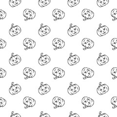hand drawn sketch seamless pattern with halloween pumpkins on white background