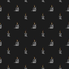 hand drawn seamless pattern with watercolor halloween black candles on black background