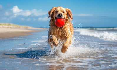 Golden retriever with a ball in his mouth runs along the sea coast