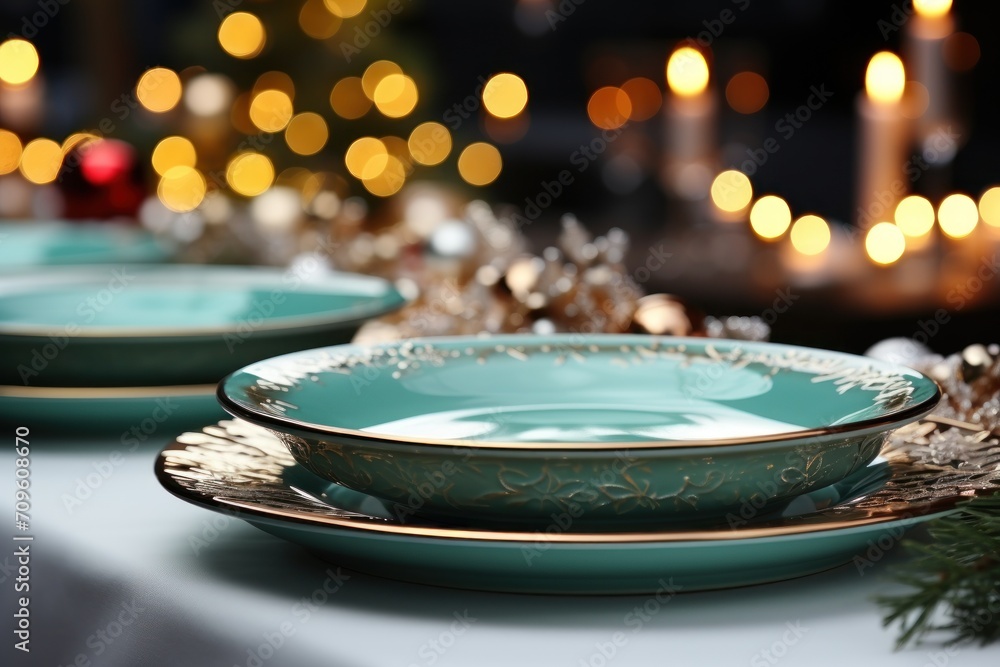 Poster a close up of a plate on a table with a christmas tree in the background and candles in the backgrou