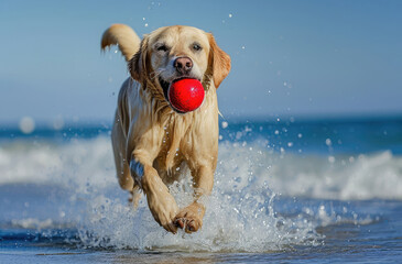 A dog with a ball in its mouth runs along the sea coast