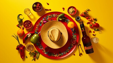 Cinco de Mayo Fiesta: Vibrant Mexican Celebration Flat Lay with Sombrero, Maracas, and Tequila Shots on a Bright Yellow Background - Festive Party Concept for Cultural Events and Holiday Decorations