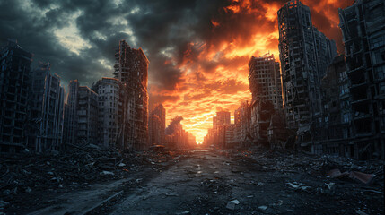 Apocalyptic cityscape after a massive disaster showing crumbling skyscrapers deserted streets and a fiery sky.