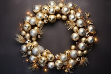  a christmas wreath made of gold and silver baubles and pine cones on a dark background with lights and tinsel.