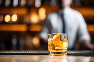  a man sitting at a bar with a glass of whiskey and an orange slice in the middle of the glass.