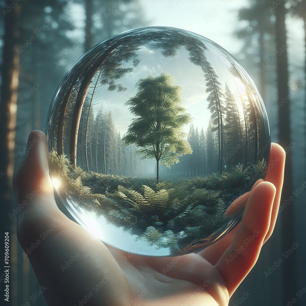 Poster a crystal ball with a tree in the forest. 3d rendering
