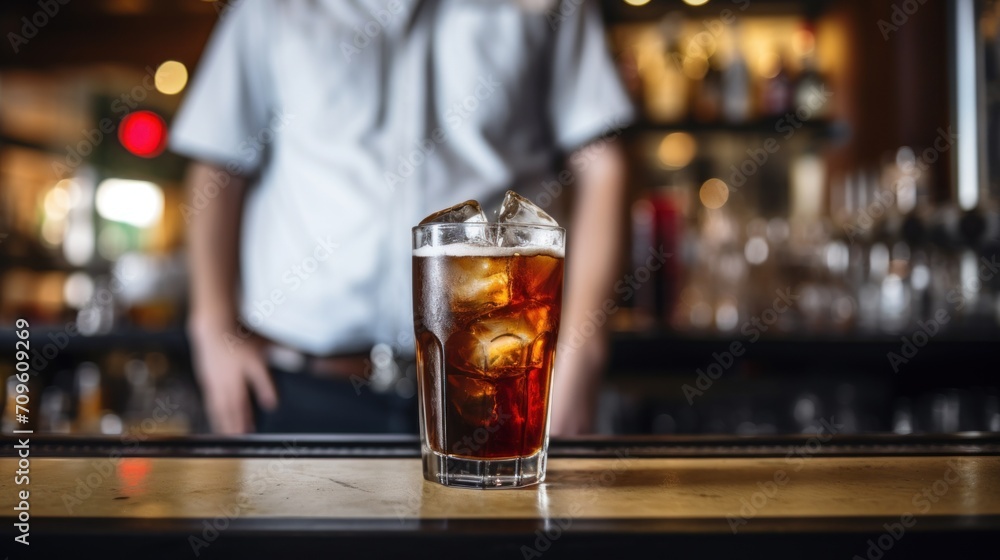 Aufkleber a man standing in front of a bar with a tall glass of ice tea in front of him and a bar in the backg
