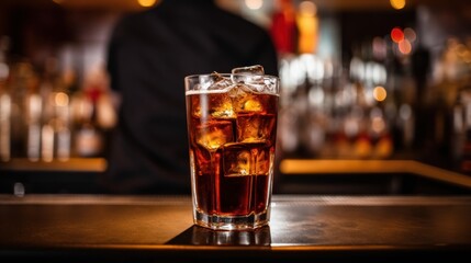  a close up of a glass of ice tea on a table in front of a bar with a person in the background. - obrazy, fototapety, plakaty