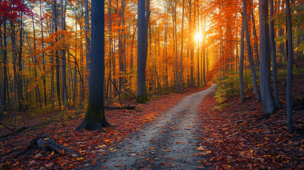Autumn sunset landscape in a forest with vibrant fall foliage and a winding path.