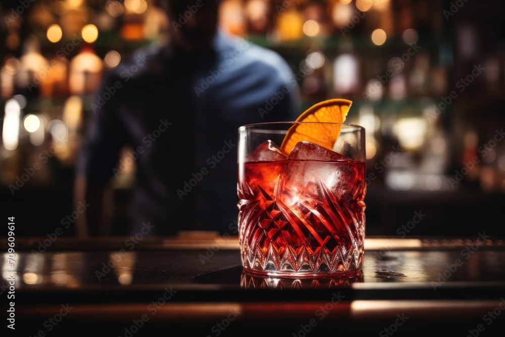 Poster a close up of a glass with a drink on a table in front of a bar with a man in the background.