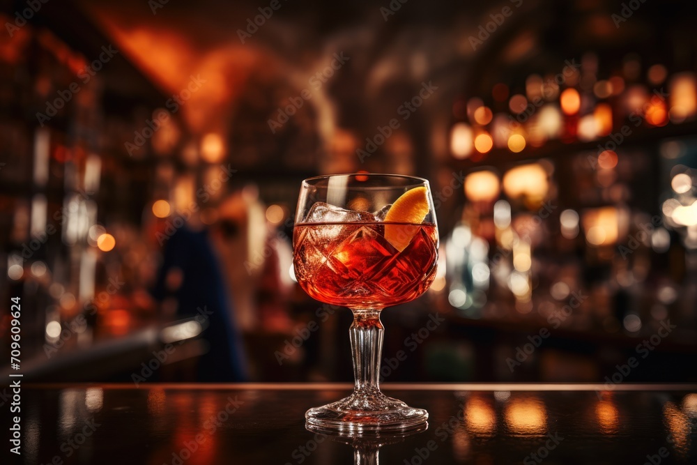 Poster a close up of a glass with a drink on a table in front of a bar with a blurry background.