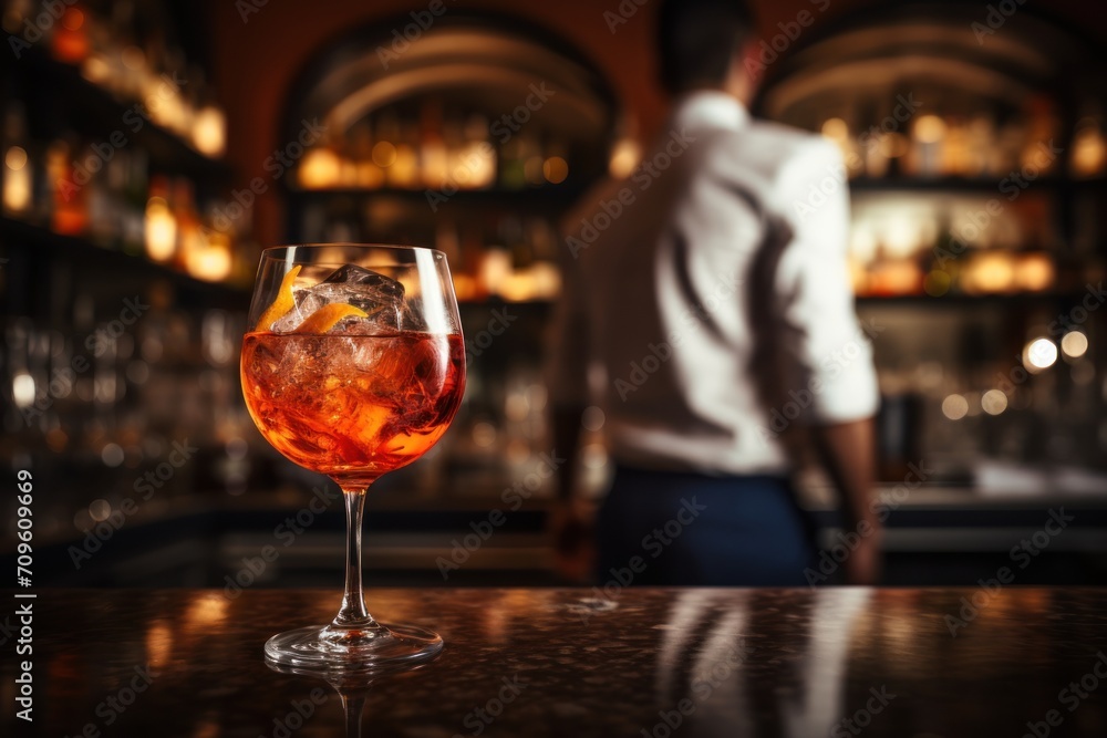 Poster a man standing in front of a bar with a glass of alcohol in front of him and a bar in the background