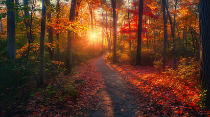 Autumn sunset landscape in a forest with vibrant fall foliage and a winding path. - obrazy, fototapety, plakaty