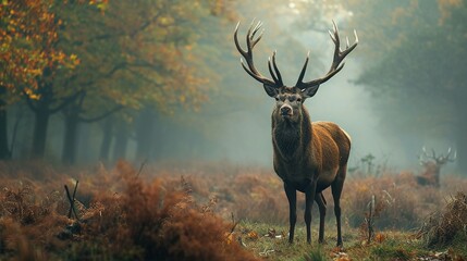 In the hushed whispers of the forest, a majestic red deer stands center-frame, its commanding antlers reaching skyward. Morning mist cloaks the autumnal woods, casting a dreamlike veil over this tranq