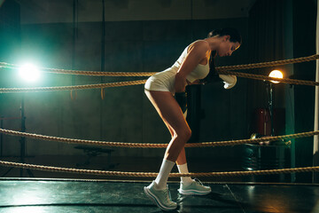 Cinematic portrait of sexy fighter woman in a boxing ring. Model wearing white gloves and braided...