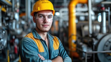 portrait photo of young male technician wearing safety equipment with heavy industrial machine factory in background