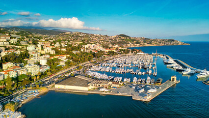 Sanremo, Italy. Aerial view of city port and skyline