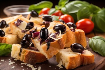  a wooden cutting board topped with slices of bread covered in olives, cheese, and breadcrumbs.