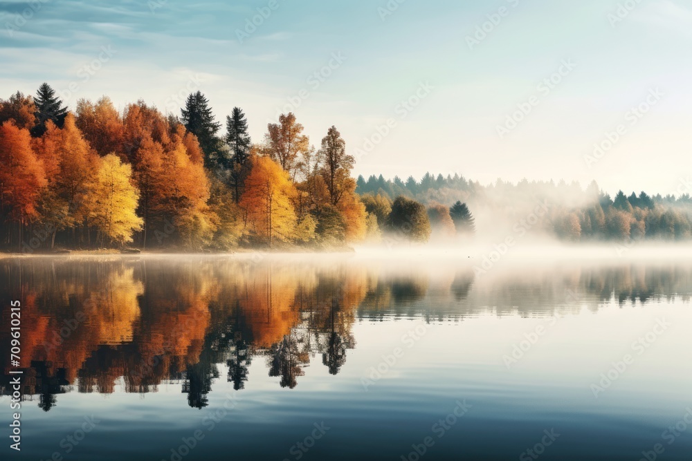 Poster a body of water surrounded by trees with a foggy sky in the background and a few trees in the foregr