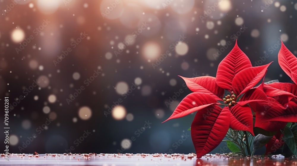 Poster red poinsettia on isolated magical bokeh background with copy space for text placement