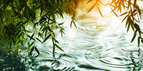 Tranquil spa banner with serene bamboo leaves over rippling water bathed in soft sunlight,...
