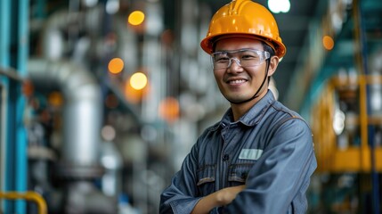 portrait a happy Asian man as an engineer working on a petrol plant