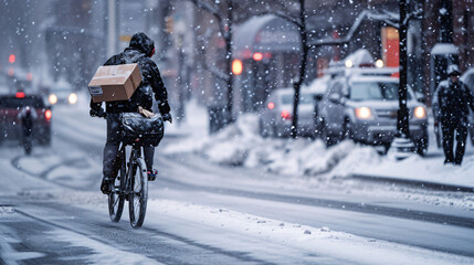 A bike messenger delivering packages in a snowy city.