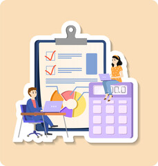 Accounting staff sticker illustration. Accounting department composition with financial documents folders reports statements tax calculator cash banknotes staff vector sticker illustration