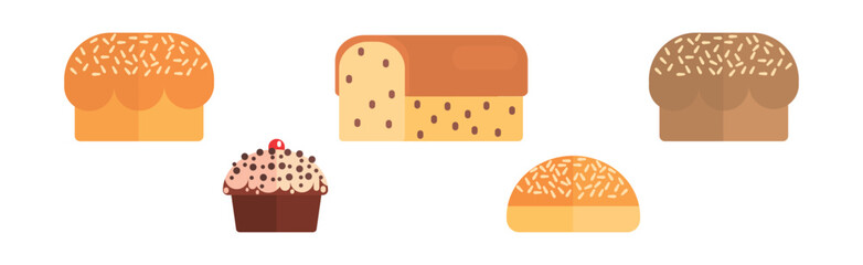 Bakery Shop Food with Bun and Bread Loaf Flat Item Vector Set