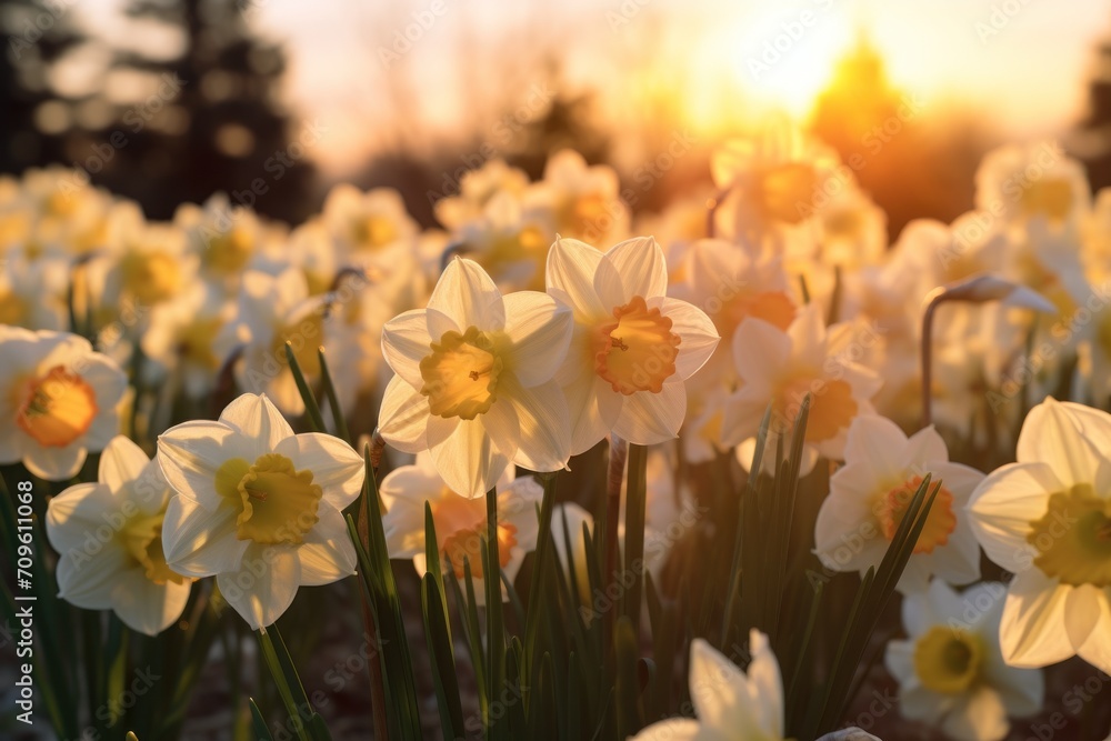Poster a field of white and yellow daffodils with the sun setting in the distance in the back ground.