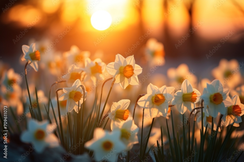 Poster a field of white and yellow daffodils in front of a setting sun with the sun in the background.
