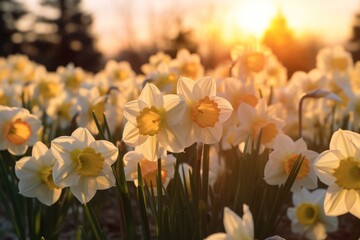 a field of white and yellow daffodils with the sun setting in the distance in the back ground.